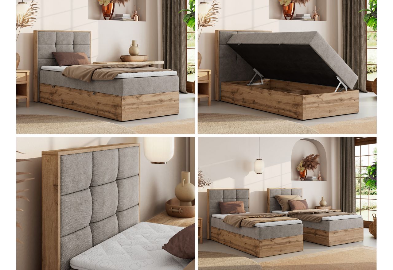 Łóżko kontynentalne - ALBERO 1 90x200 - H4 - beżowy, struktura - strona lewa - topper Visco