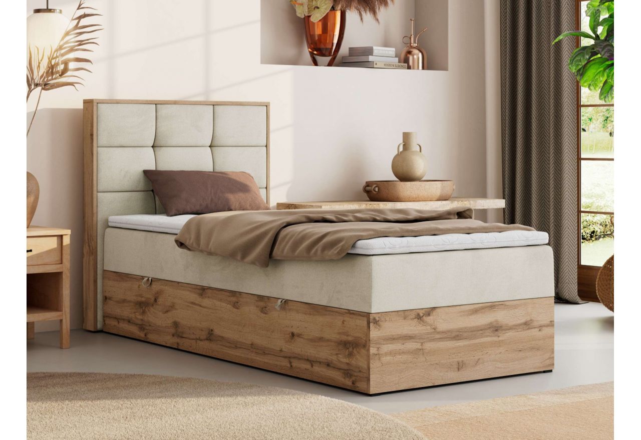 Łóżko kontynentalne - ALBERO 1 90x200 - H4 - beżowy, welwet - strona lewa - topper Visco