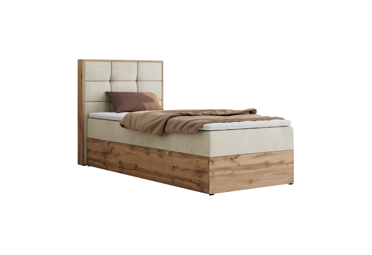 Łóżko kontynentalne - ALBERO 1 90x200 - H4 - beżowy, welwet - strona lewa - topper Visco