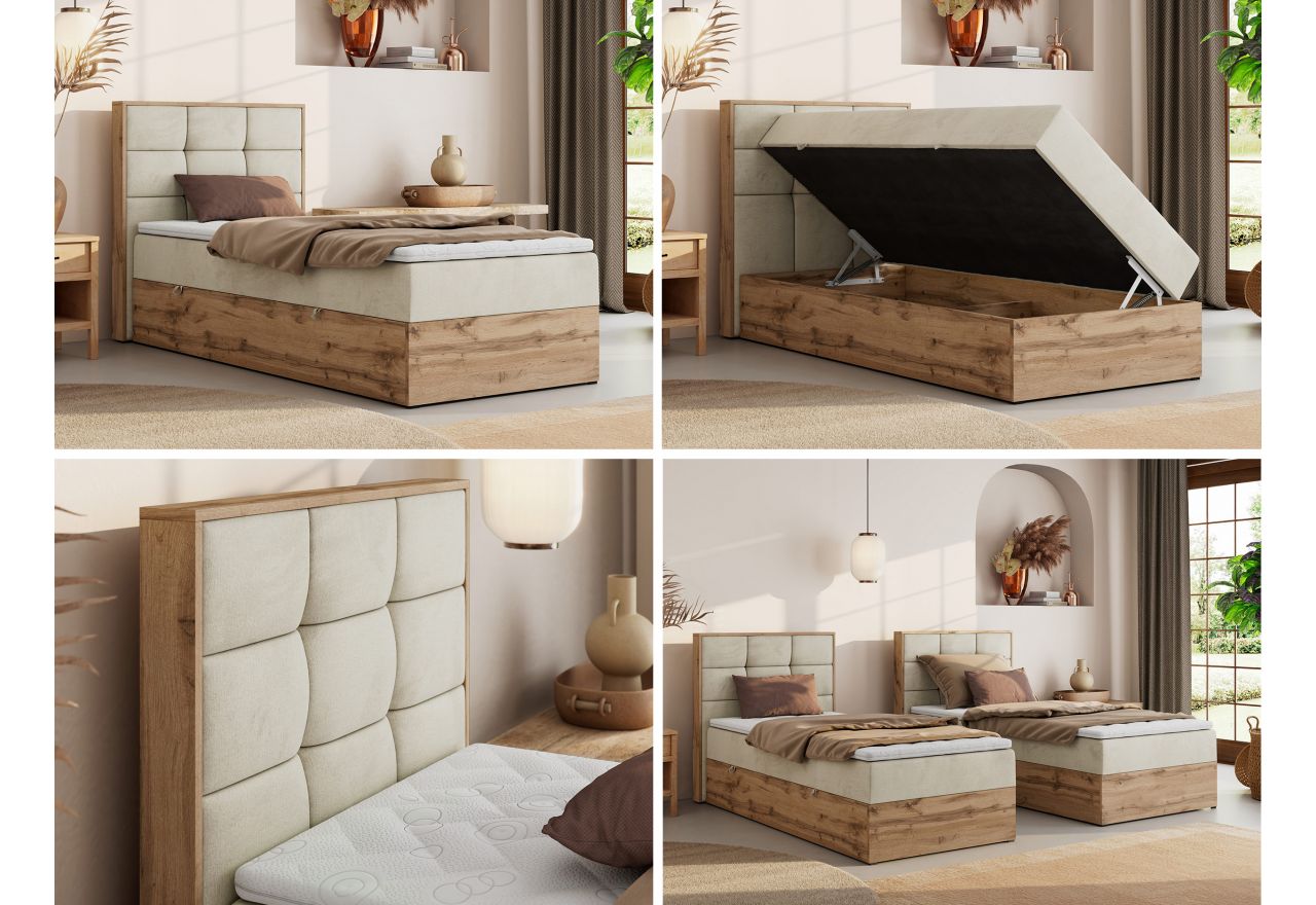 Łóżko kontynentalne - ALBERO 1 90x200 - H4 - beżowy, welwet - strona lewa - topper Visco