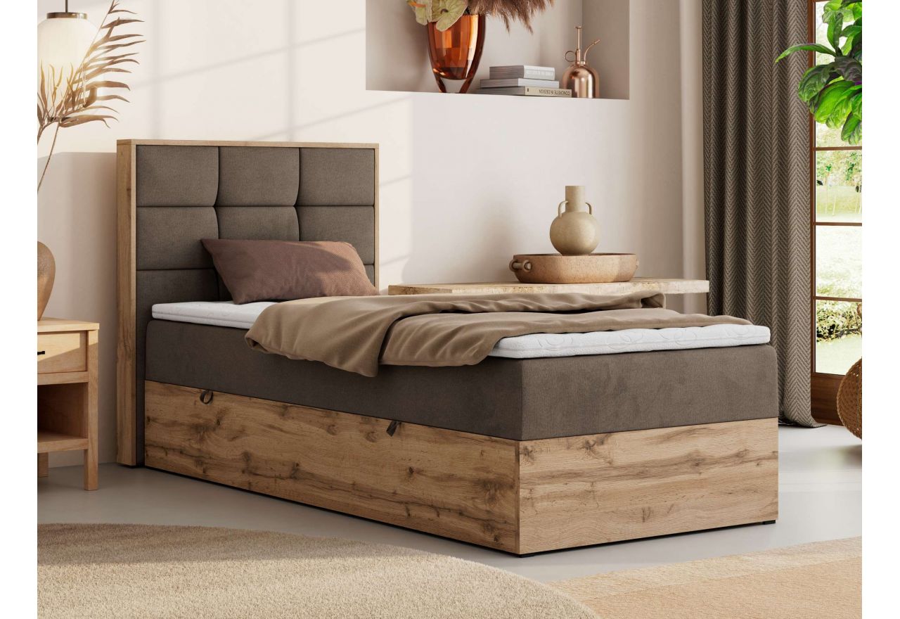 Łóżko kontynentalne - ALBERO 1 90x200 - H4 - brązowy, welwet - strona lewa - topper Visco