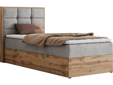 Łóżko kontynentalne - ALBERO 1 90x200 - H4 - jasnoszary, welwet - strona lewa - topper Visco