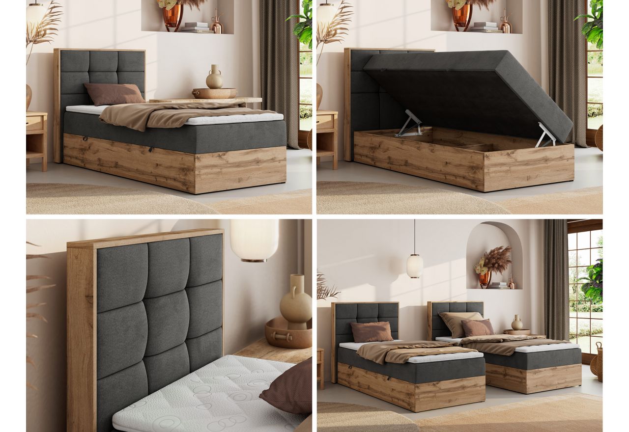 Łóżko kontynentalne - ALBERO 1 90x200 - H4 - ciemnoszary, welwet - strona lewa - topper Visco