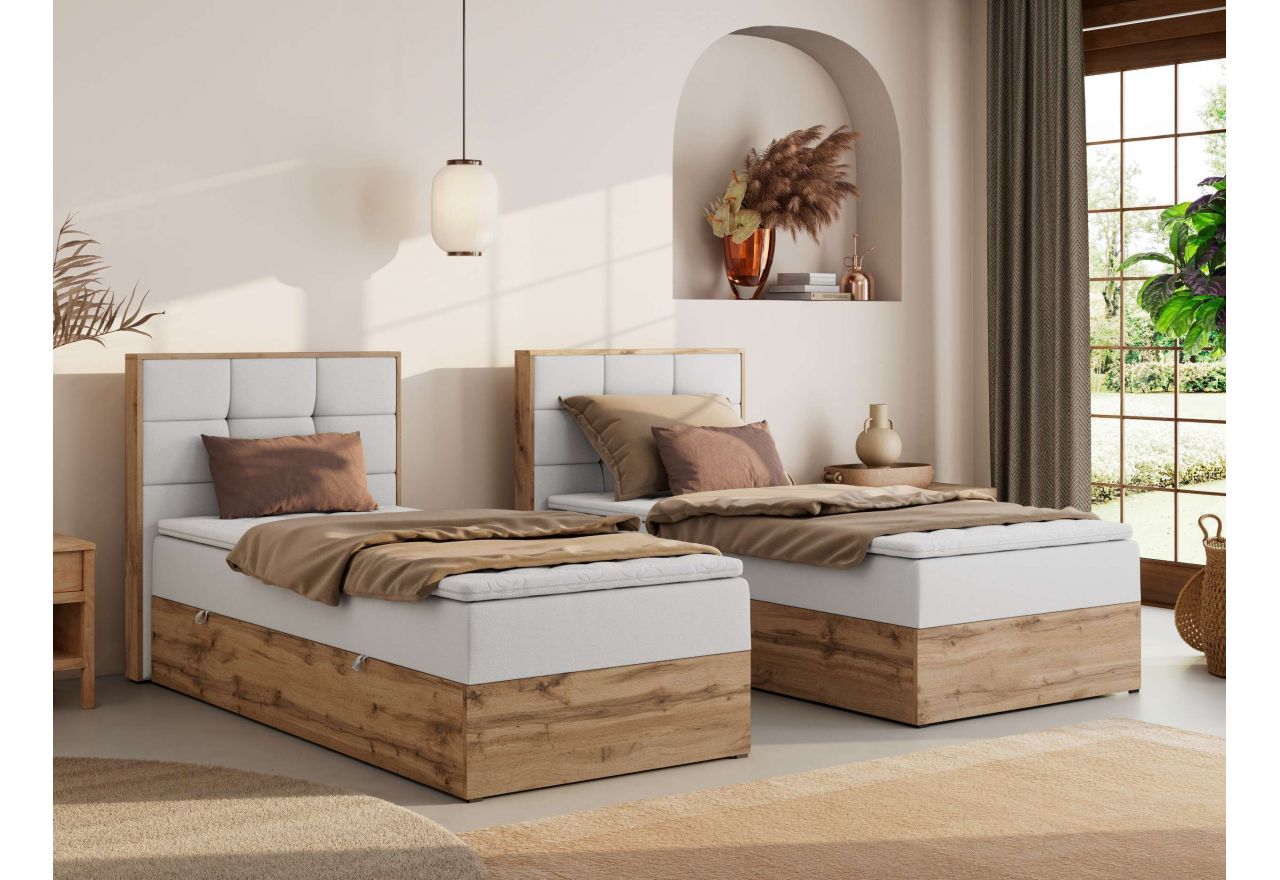 Łóżko kontynentalne - ALBERO 1 90x200 - H4 - biały, ekoskóra - strona lewa - topper Visco