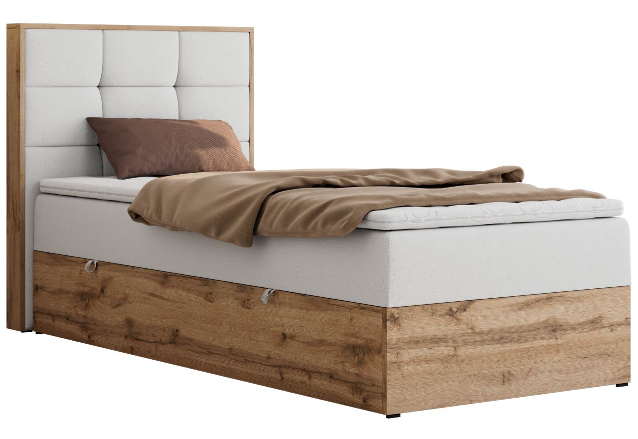 Łóżko kontynentalne - ALBERO 1 90x200 - H4 - biały, ekoskóra - strona lewa - topper Visco