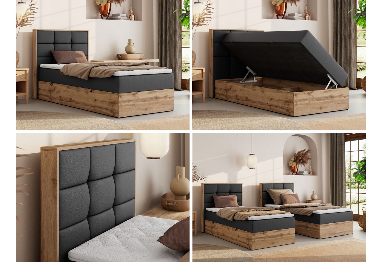 Łóżko kontynentalne - ALBERO 1 90x200 - H4 - ciemnoszary, ekoskóra - strona lewa - topper Visco