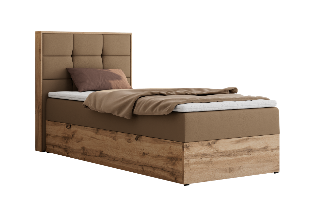 Łóżko kontynentalne - ALBERO 1 90x200 - H4 - brązowy, ekoskóra - strona lewa - topper Visco