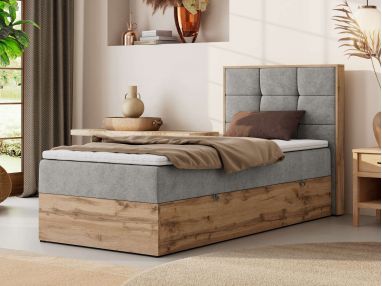 Łóżko kontynentalne - ALBERO 1 90x200 - H3 - jasnoszary, struktura - strona prawa - topper Visco