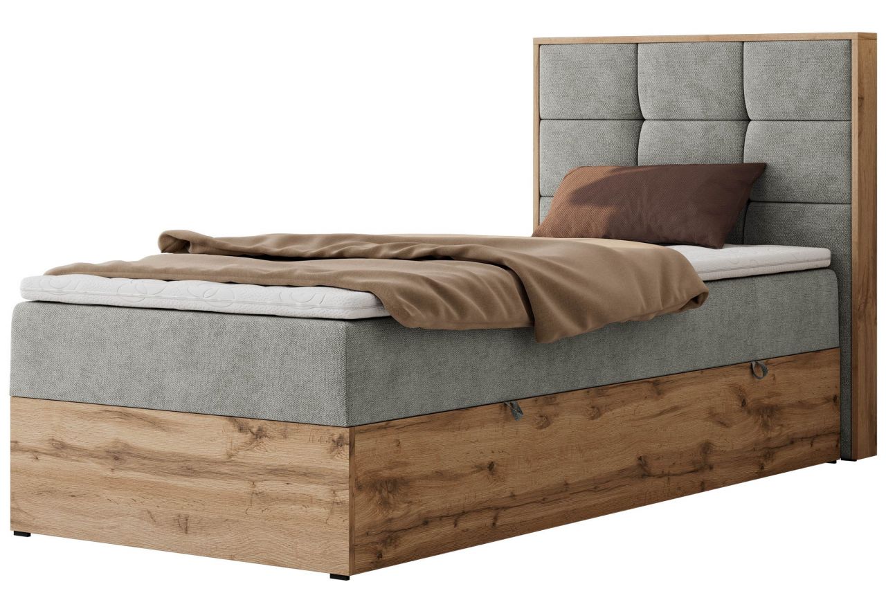 Łóżko kontynentalne - ALBERO 1 90x200 - H3 - jasnoszary, struktura - strona prawa - topper Visco