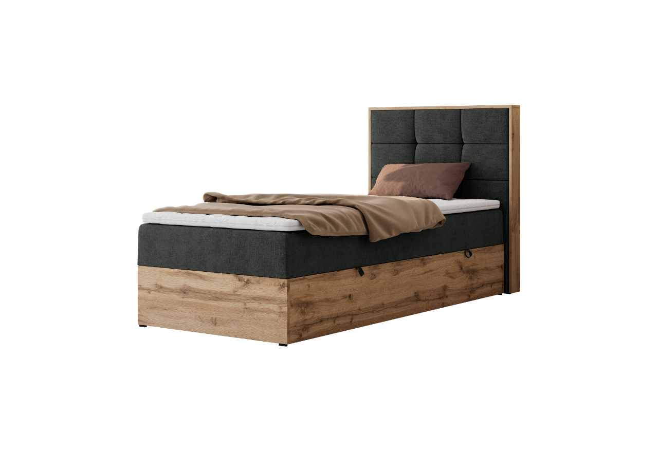 Łóżko kontynentalne - ALBERO 1 90x200 - H3 - ciemnoszary, struktura - strona prawa - topper Visco