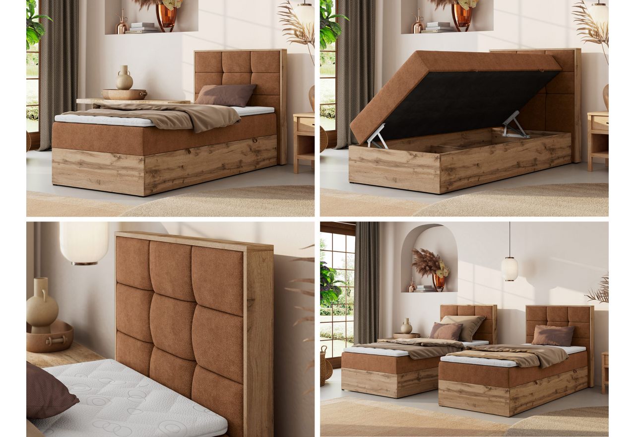 Łóżko kontynentalne - ALBERO 1 90x200 - H3 - pomarańczowy, struktura - strona prawa - topper Visco