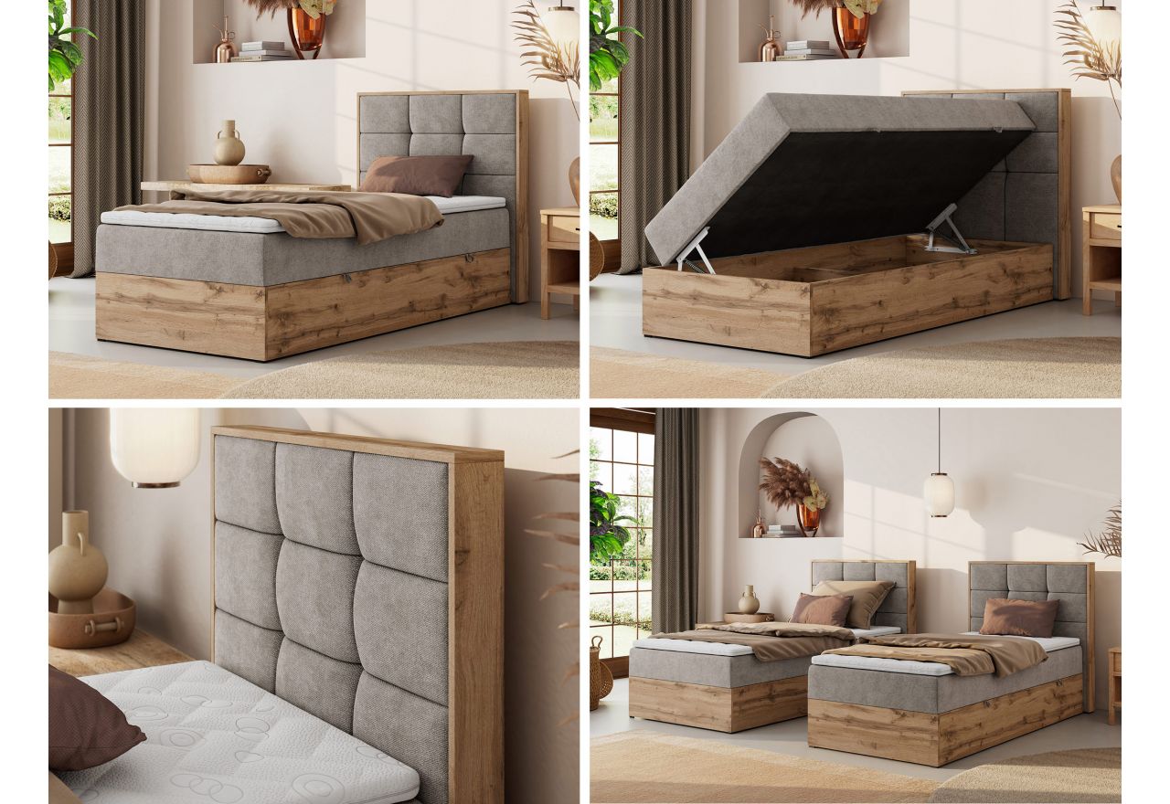 Łóżko kontynentalne - ALBERO 1 90x200 - H3 - beżowy, struktura - strona prawa - topper Visco