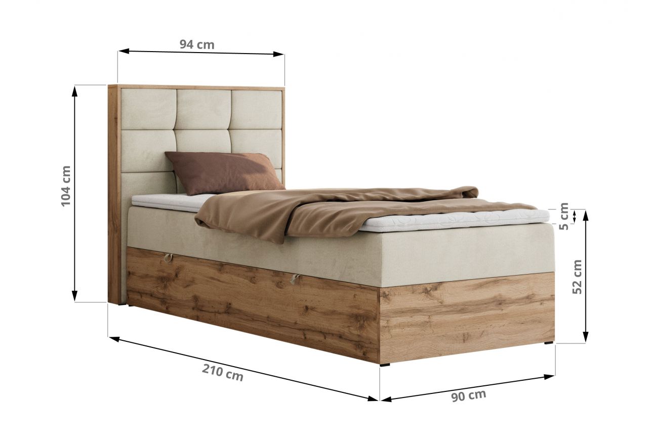 Łóżko kontynentalne - ALBERO 1 90x200 - H3 - beżowy, welwet - strona prawa - topper Visco