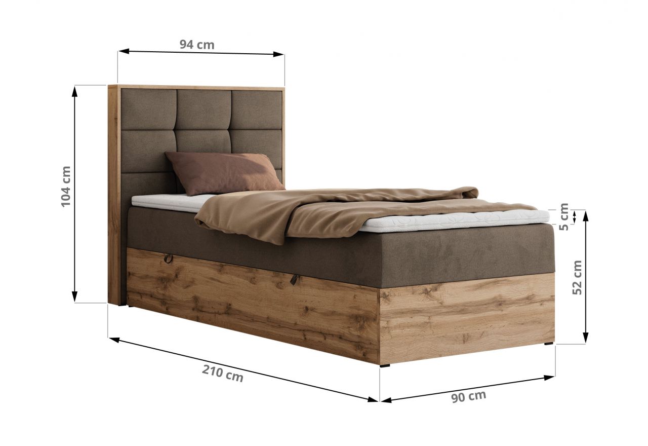 Łóżko kontynentalne - ALBERO 1 90x200 - H3 - brązowy, welwet - strona prawa - topper Visco