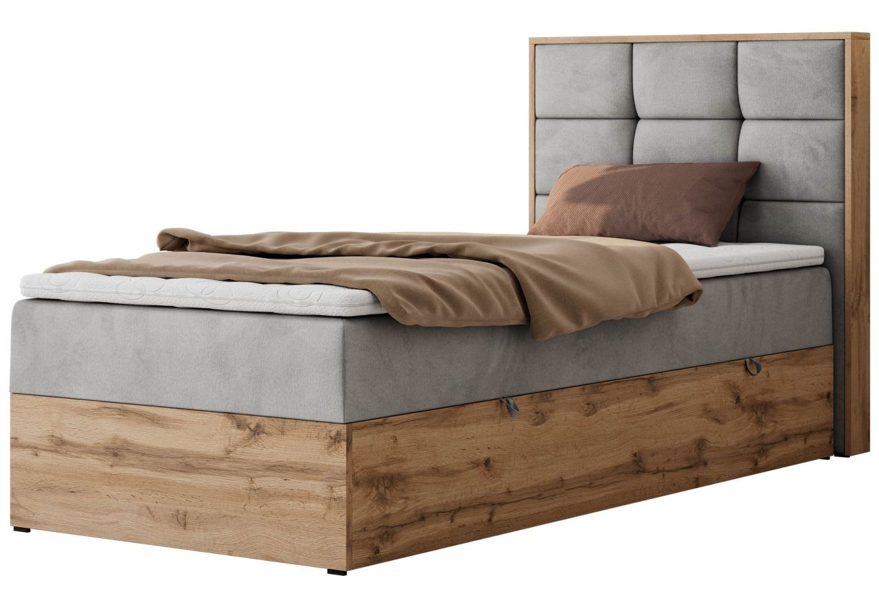 Łóżko kontynentalne - ALBERO 1 90x200 - H3 - jasnoszary, welwet - strona prawa - topper Visco