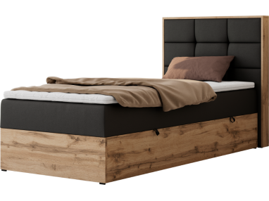 Łóżko kontynentalne - ALBERO 1 90x200 - H3 - czarny, ekoskóra - strona prawa - topper Visco