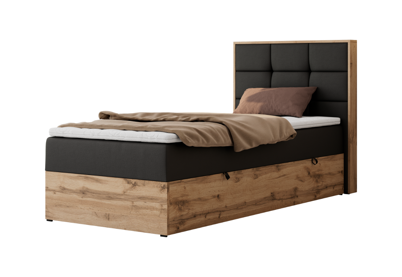 Łóżko kontynentalne - ALBERO 1 90x200 - H3 - czarny, ekoskóra - strona prawa - topper Visco