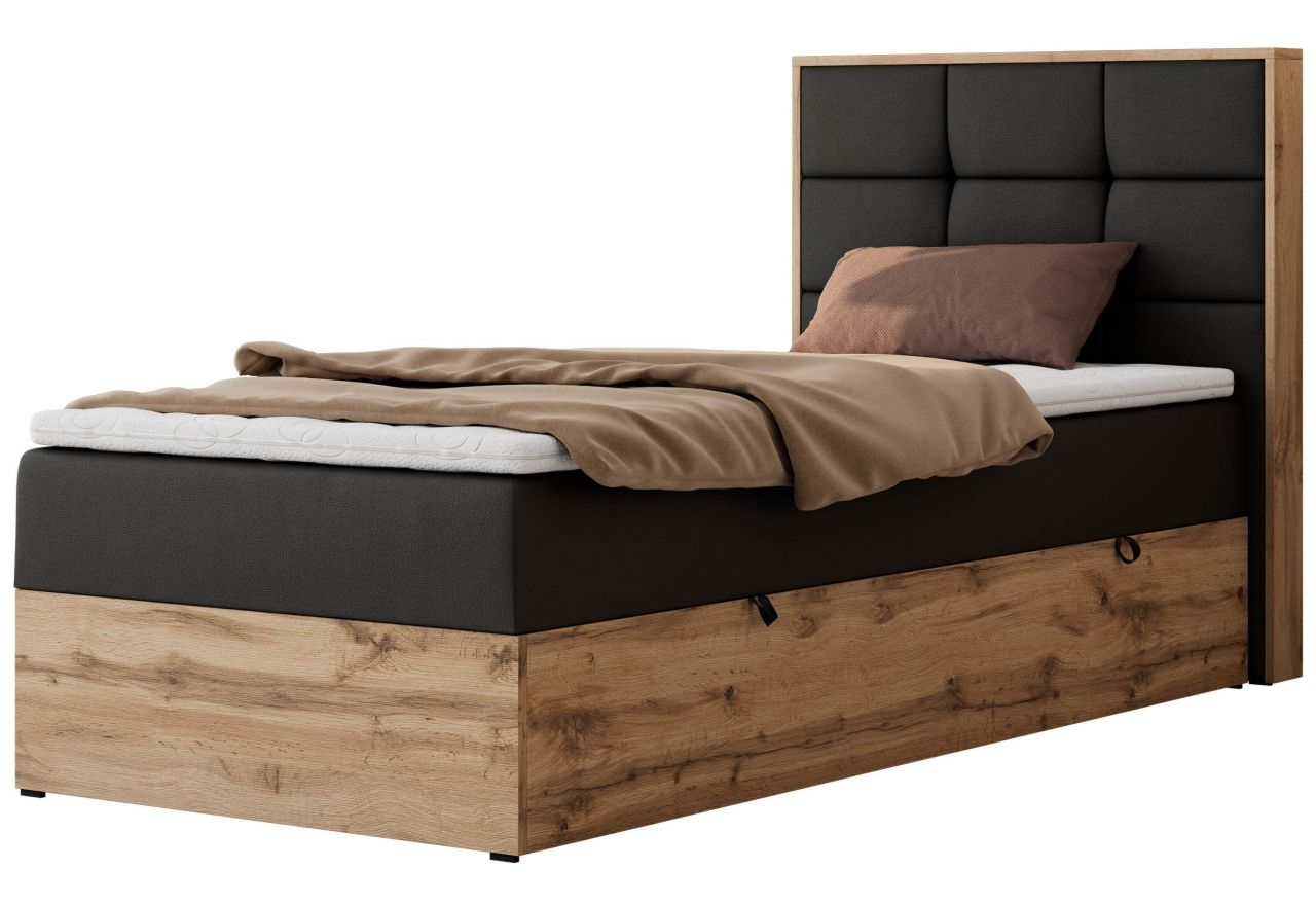 Łóżko kontynentalne - ALBERO 1 90x200 - H3 - czarny, ekoskóra - strona prawa - topper Visco