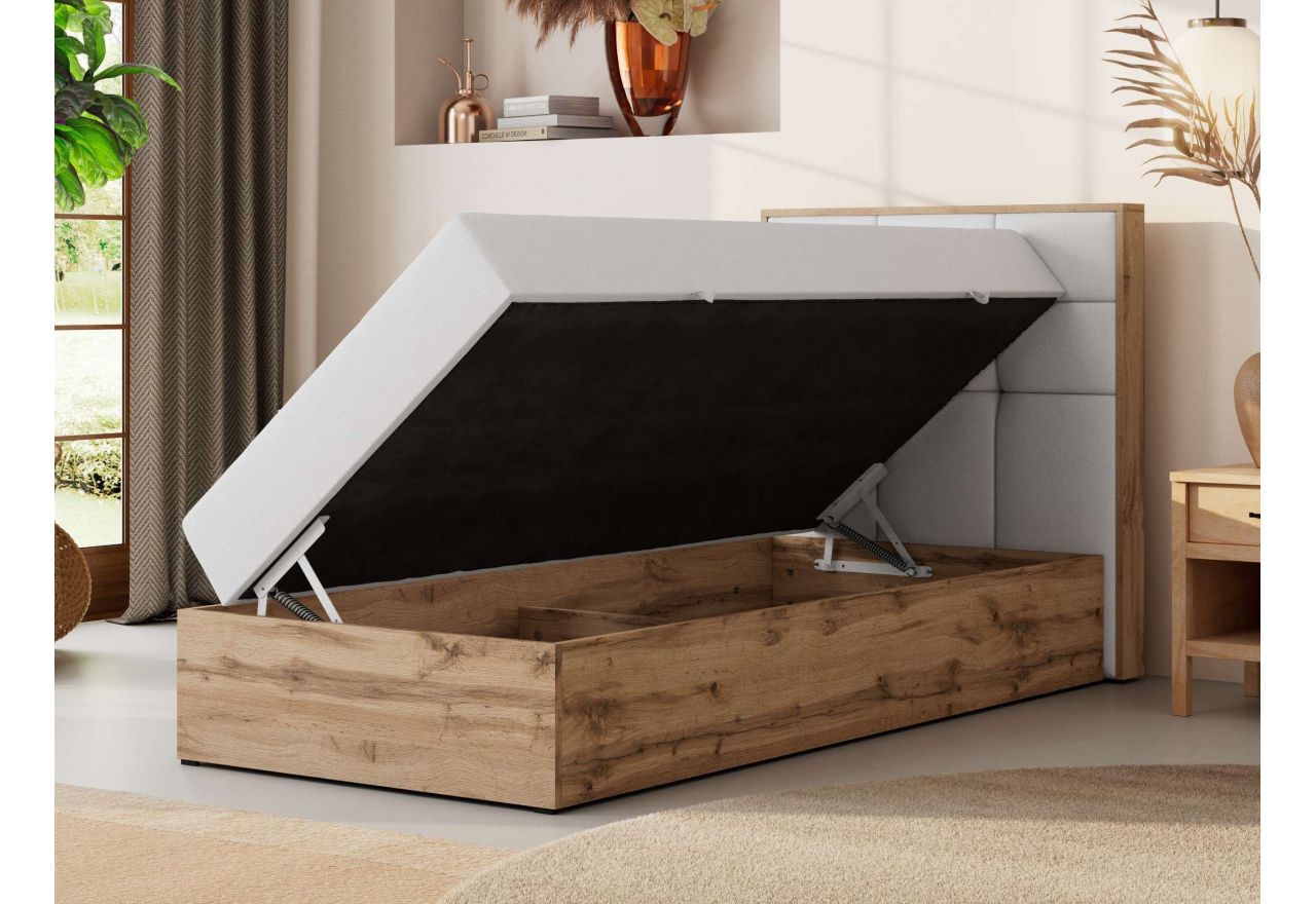 Łóżko kontynentalne - ALBERO 1 90x200 - H3 - biały, ekoskóra - strona prawa - topper Visco