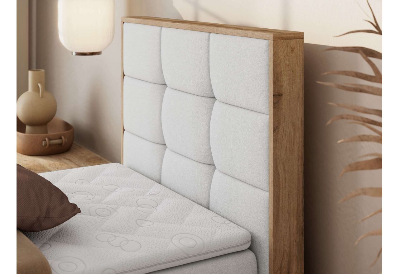 Łóżko kontynentalne - ALBERO 1 90x200 - H3 - biały, ekoskóra - strona prawa - topper Visco