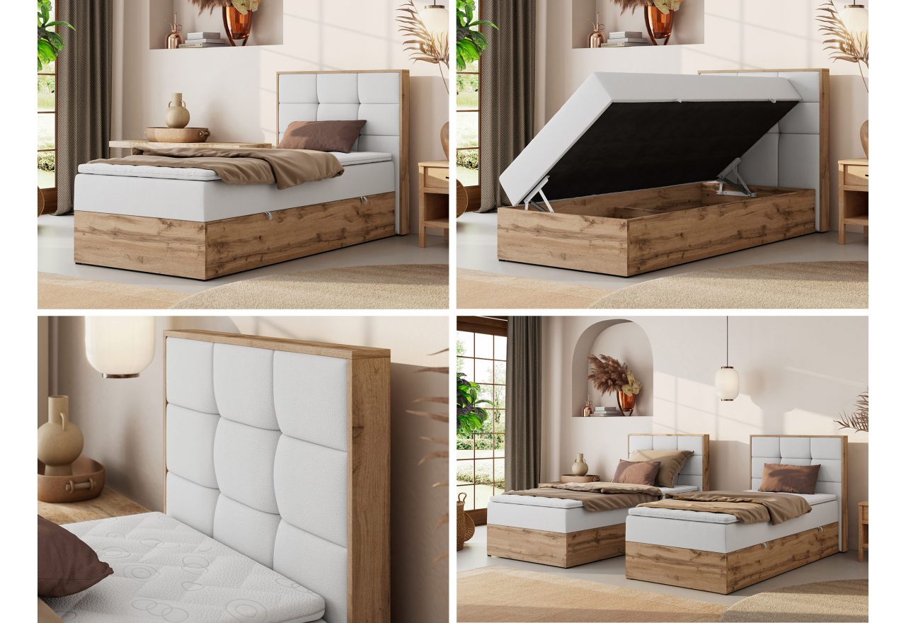 Łóżko kontynentalne - ALBERO 1 90x200 - H3 - biały, ekoskóra - strona prawa - topper Visco