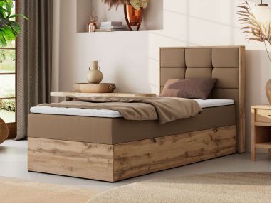 Łóżko kontynentalne - ALBERO 1 90x200 - H3 - brązowy, ekoskóra - strona prawa - topper Visco