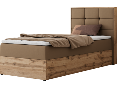 Łóżko kontynentalne - ALBERO 1 90x200 - H3 - brązowy, ekoskóra - strona prawa - topper Visco