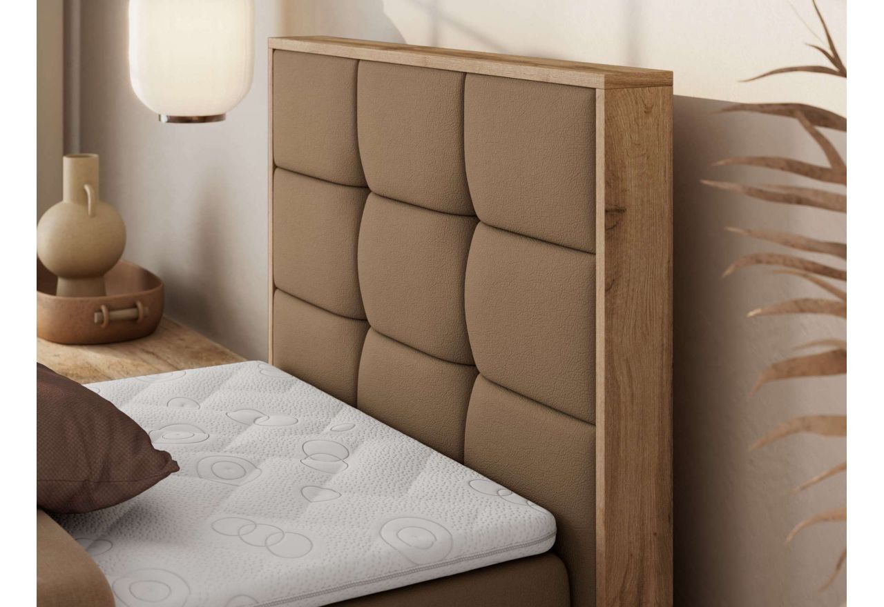 Łóżko kontynentalne - ALBERO 1 90x200 - H3 - brązowy, ekoskóra - strona prawa - topper Visco