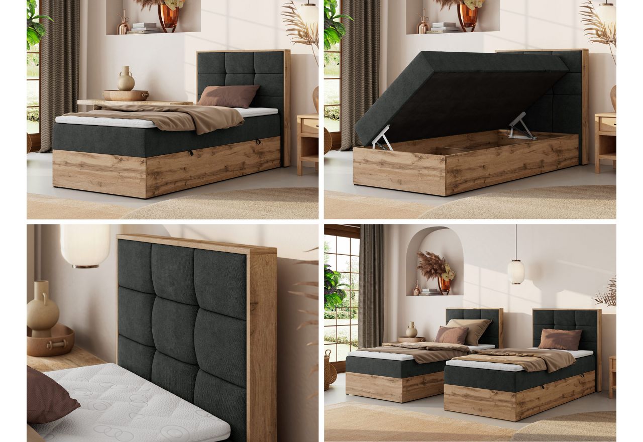 Łóżko kontynentalne - ALBERO 1 90x200 - H4 - ciemnoszary, struktura - strona prawa - topper Visco