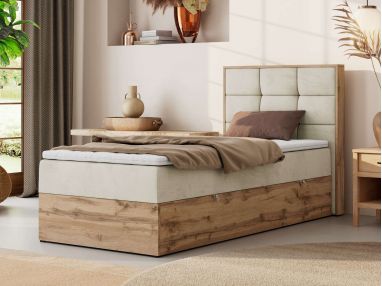 Łóżko kontynentalne - ALBERO 1 90x200 - H4 - beżowy, welwet - strona prawa - topper Visco