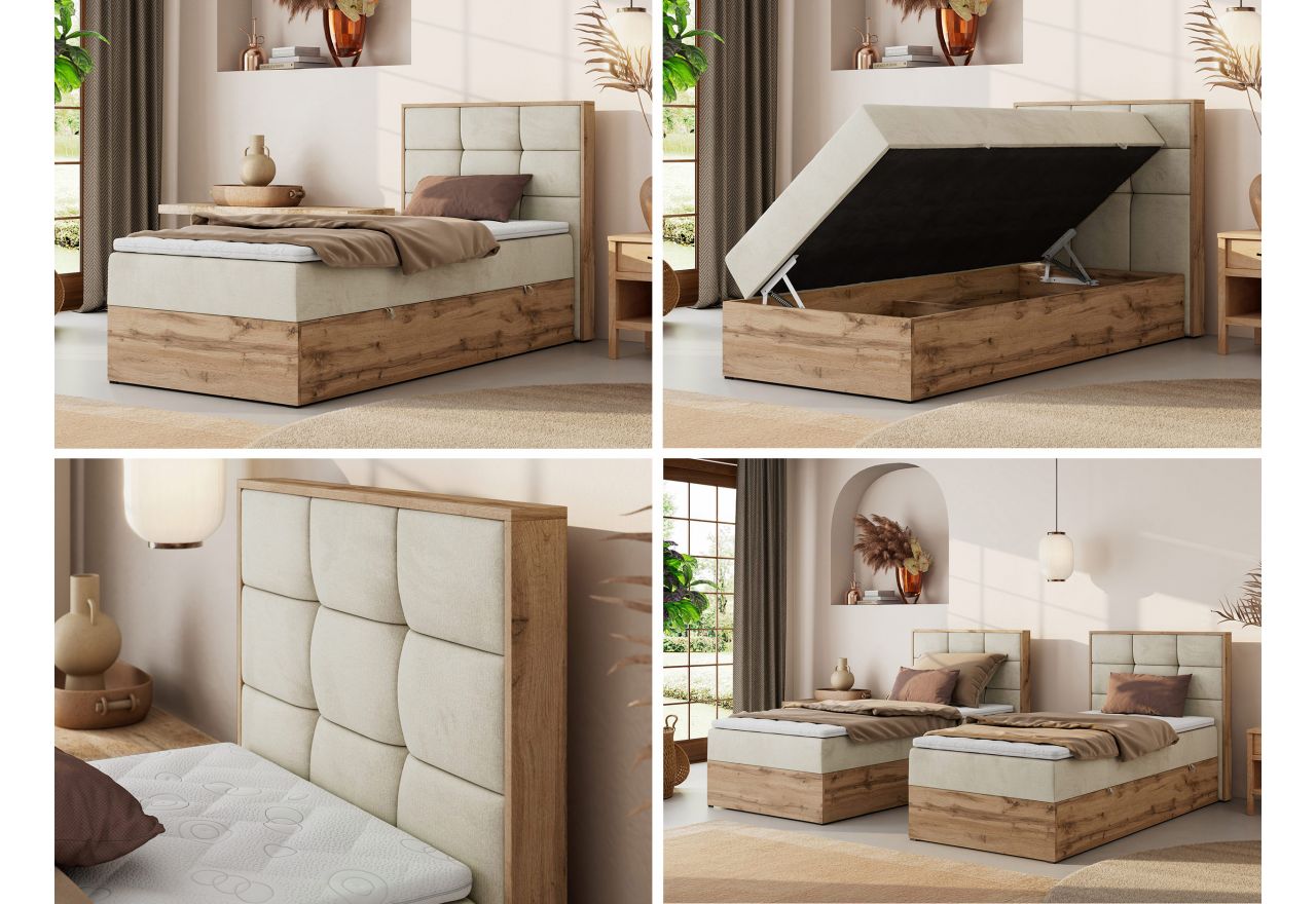 Łóżko kontynentalne - ALBERO 1 90x200 - H4 - beżowy, welwet - strona prawa - topper Visco