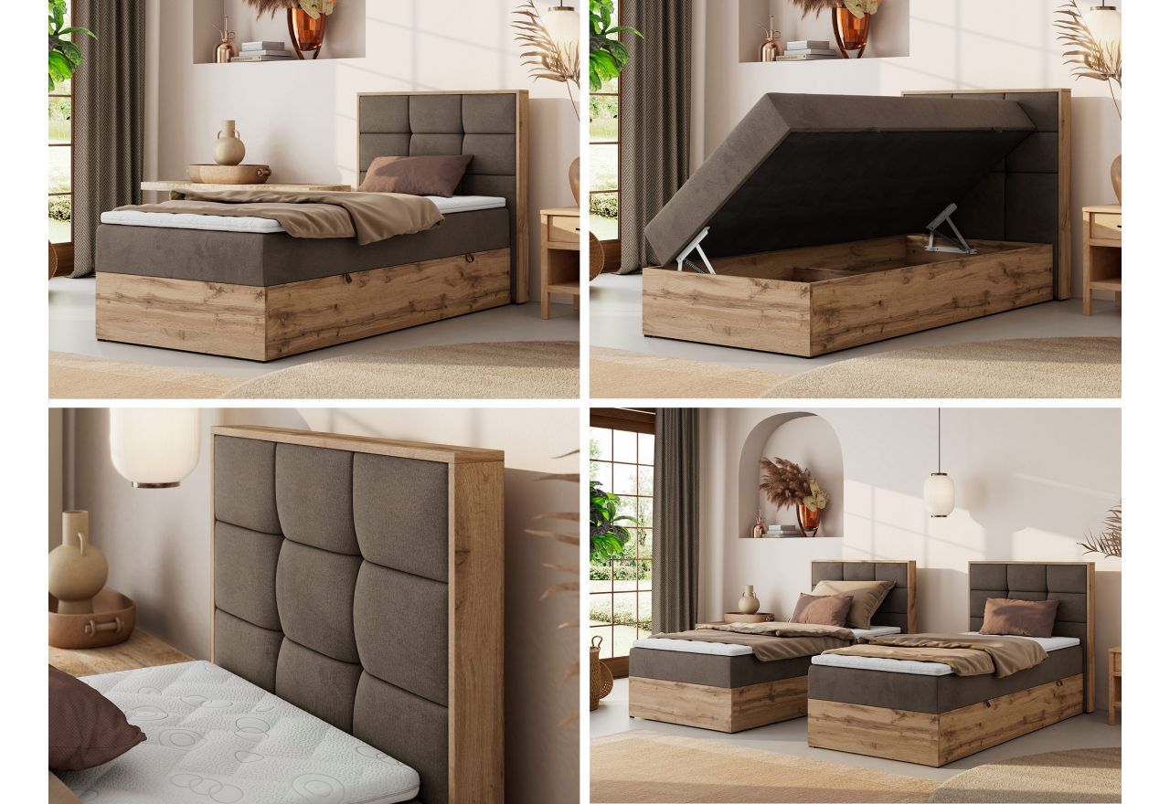 Łóżko kontynentalne - ALBERO 1 90x200 - H4 - brązowy, welwet - strona prawa - topper Visco