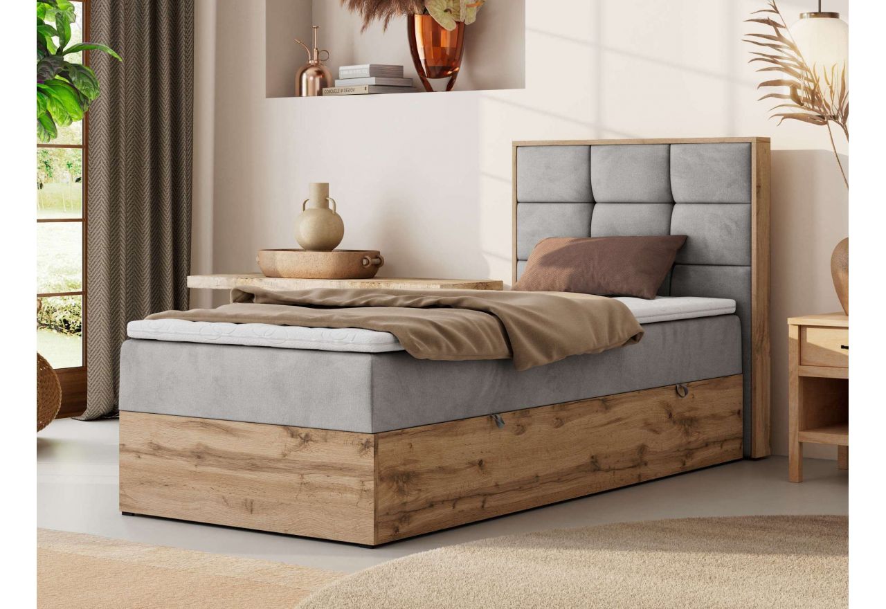 Łóżko kontynentalne - ALBERO 1 90x200 - H4 - jasnoszary, welwet - strona prawa - topper Visco