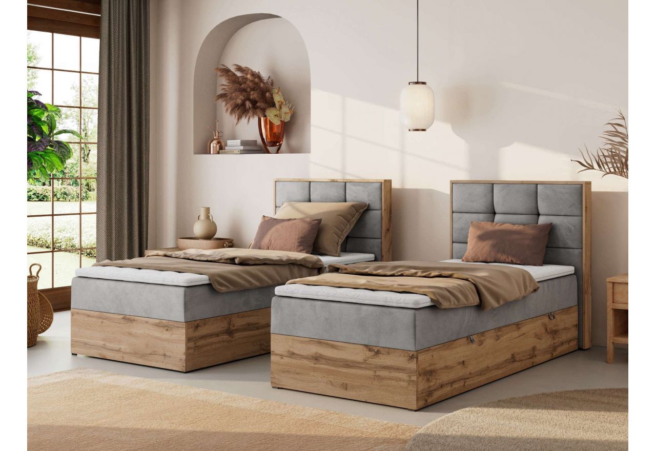 Łóżko kontynentalne - ALBERO 1 90x200 - H4 - jasnoszary, welwet - strona prawa - topper Visco