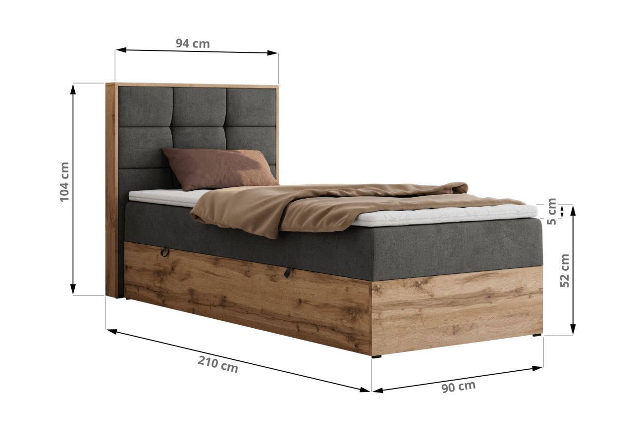 Łóżko kontynentalne - ALBERO 1 90x200 - H4 - ciemnoszary, welwet - strona prawa - topper Visco