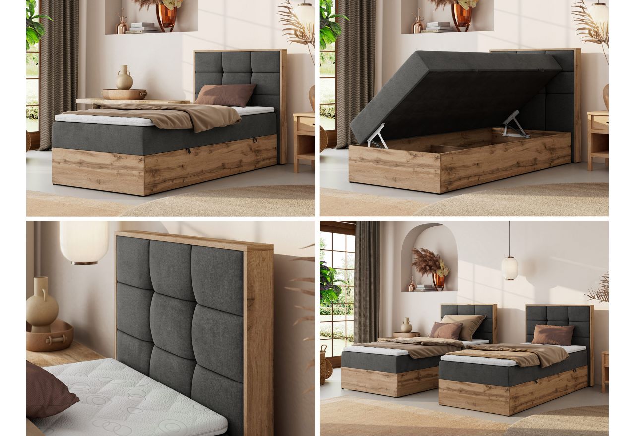 Łóżko kontynentalne - ALBERO 1 90x200 - H4 - ciemnoszary, welwet - strona prawa - topper Visco