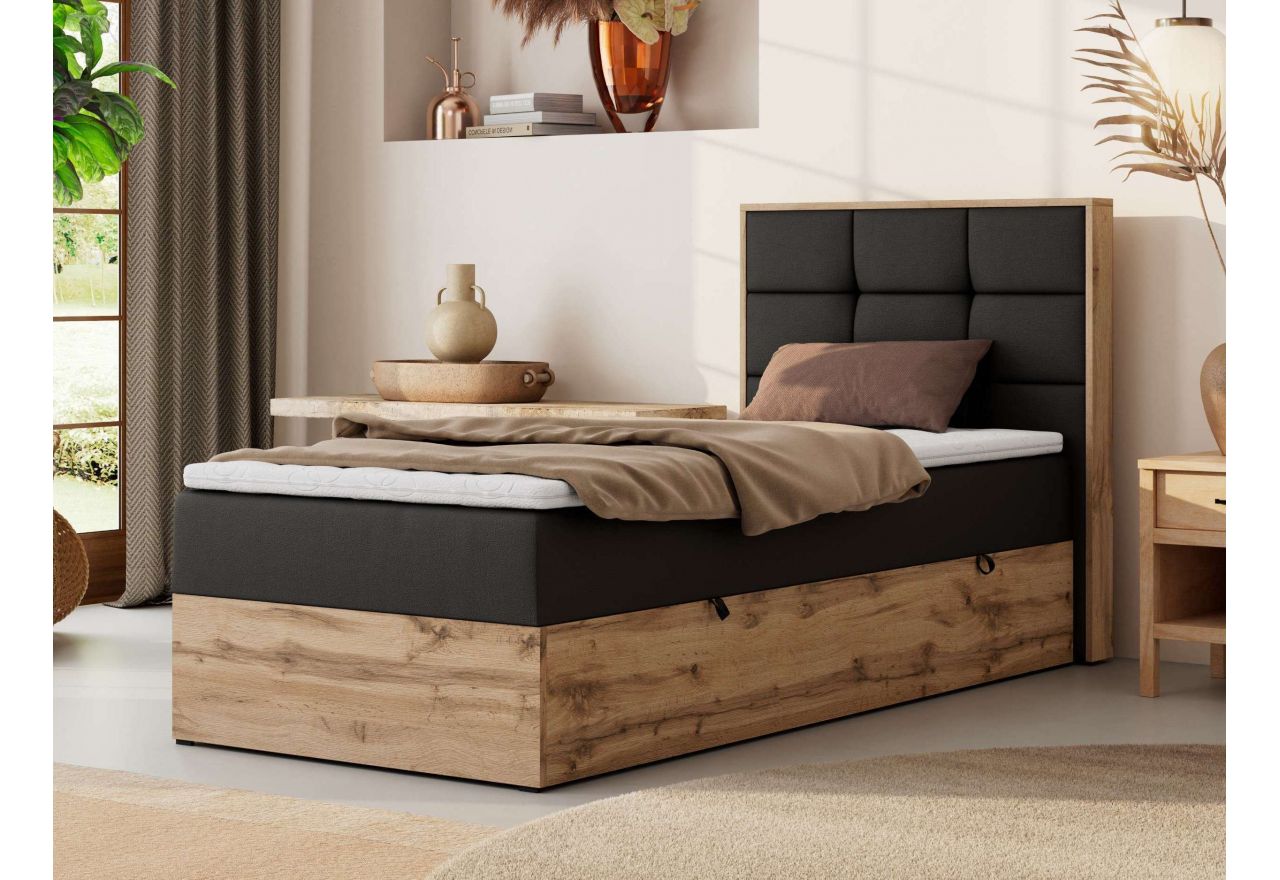 Łóżko kontynentalne - ALBERO 1 90x200 - H4 - czarny, ekoskóra - strona prawa - topper Visco