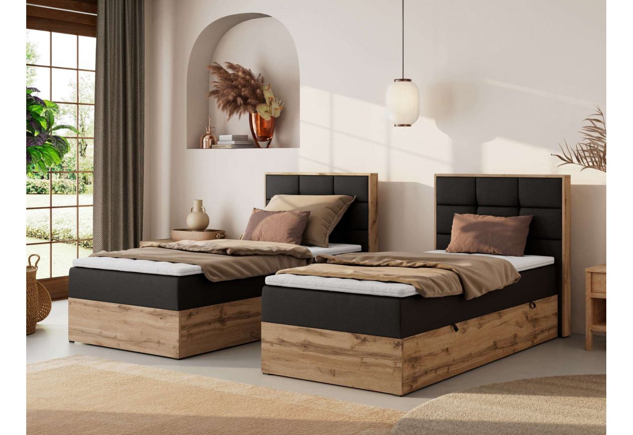 Łóżko kontynentalne - ALBERO 1 90x200 - H4 - czarny, ekoskóra - strona prawa - topper Visco