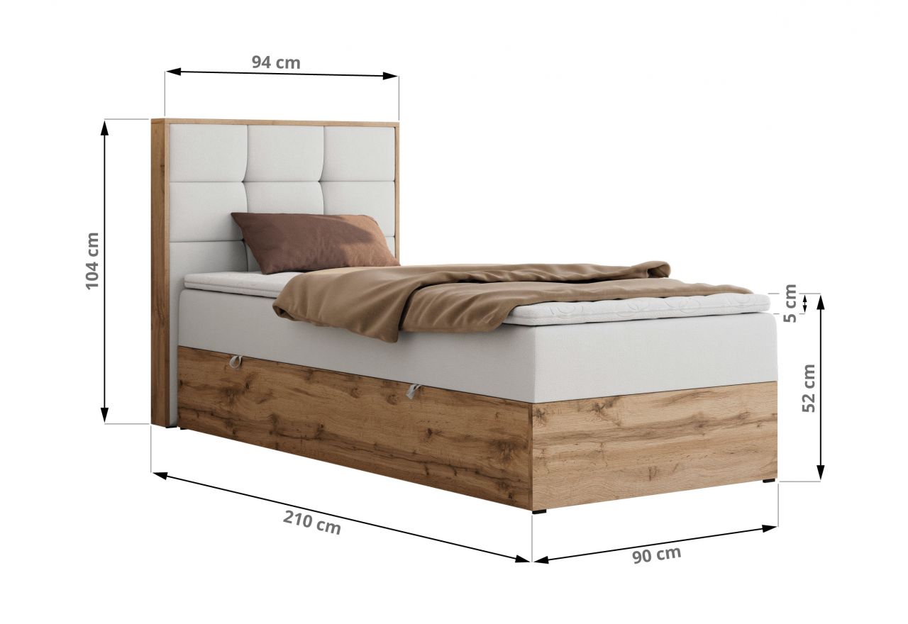 Łóżko kontynentalne - ALBERO 1 90x200 - H4 - biały, ekoskóra - strona prawa - topper Visco