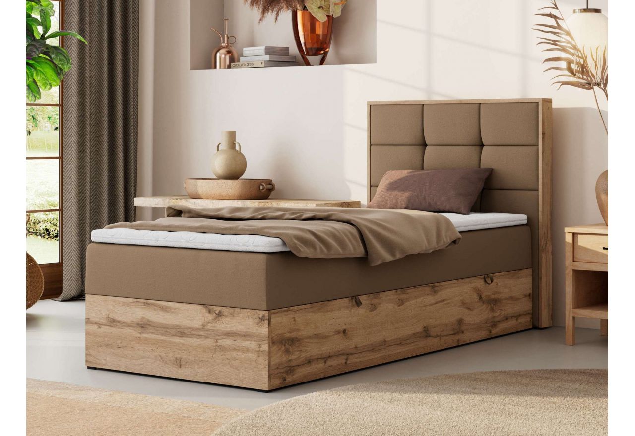 Łóżko kontynentalne - ALBERO 1 90x200 - H4 - brązowy, ekoskóra - strona prawa - topper Visco