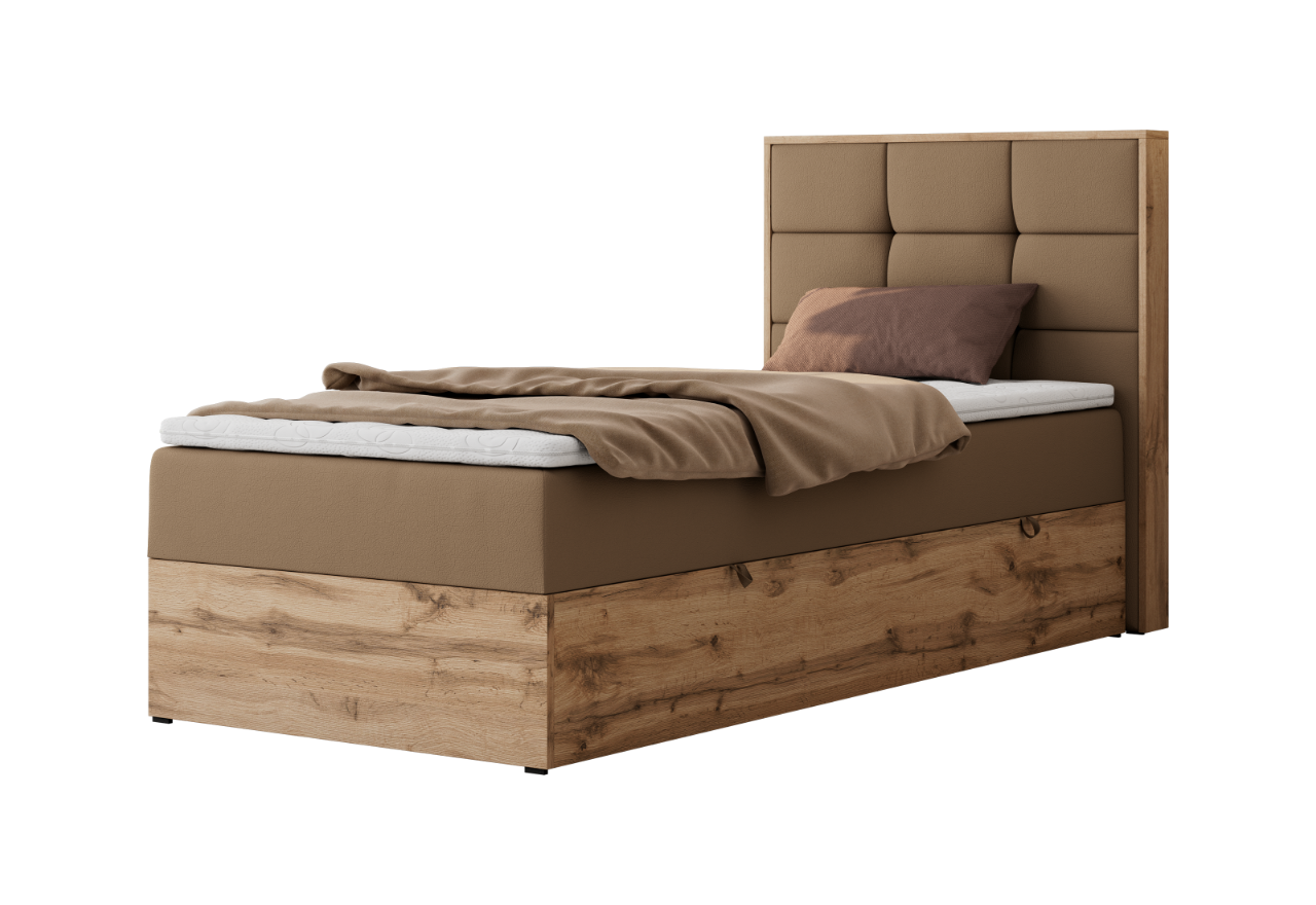 Łóżko kontynentalne - ALBERO 1 90x200 - H4 - brązowy, ekoskóra - strona prawa - topper Visco