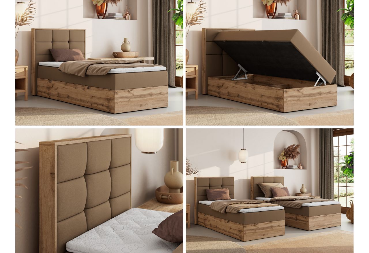 Łóżko kontynentalne - ALBERO 1 90x200 - H4 - brązowy, ekoskóra - strona prawa - topper Visco