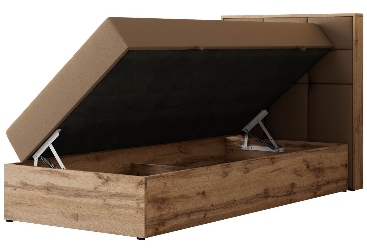 Łóżko kontynentalne - ALBERO 1 90x200 - H4 - brązowy, ekoskóra - strona prawa - topper Visco