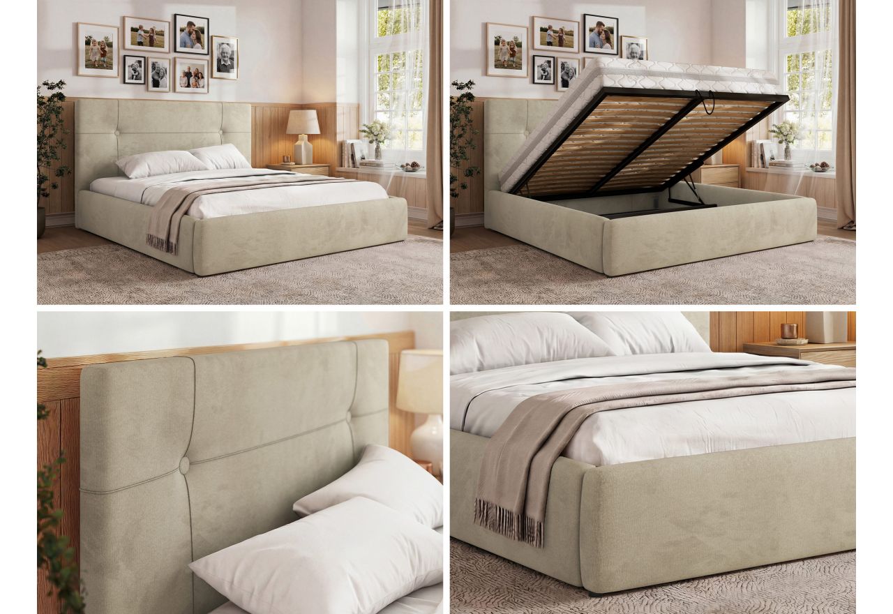 Łóżko tapicerowane CALERIO CLASSIC 200x200 - materac multipocket - beżowy, welwet