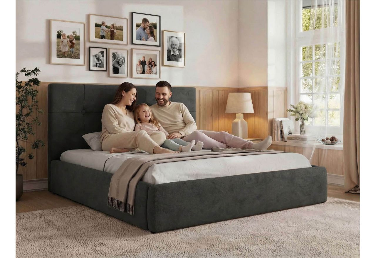 Łóżko tapicerowane CALERIO CLASSIC 180x200 - materac pocket - jasnoszary, welwet