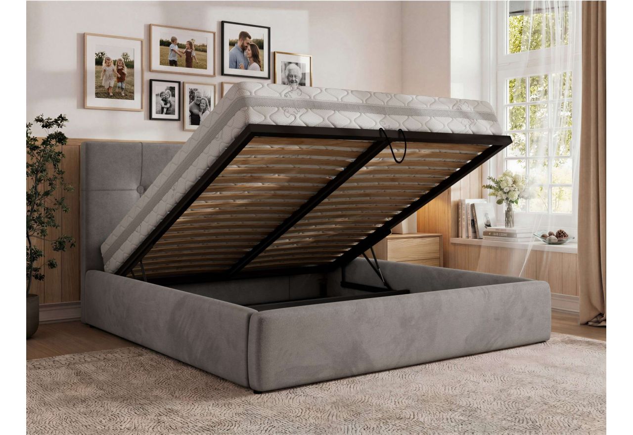 Łóżko tapicerowane CALERIO CLASSIC 160x200 - materac multipocket - jasnoszary, welwet
