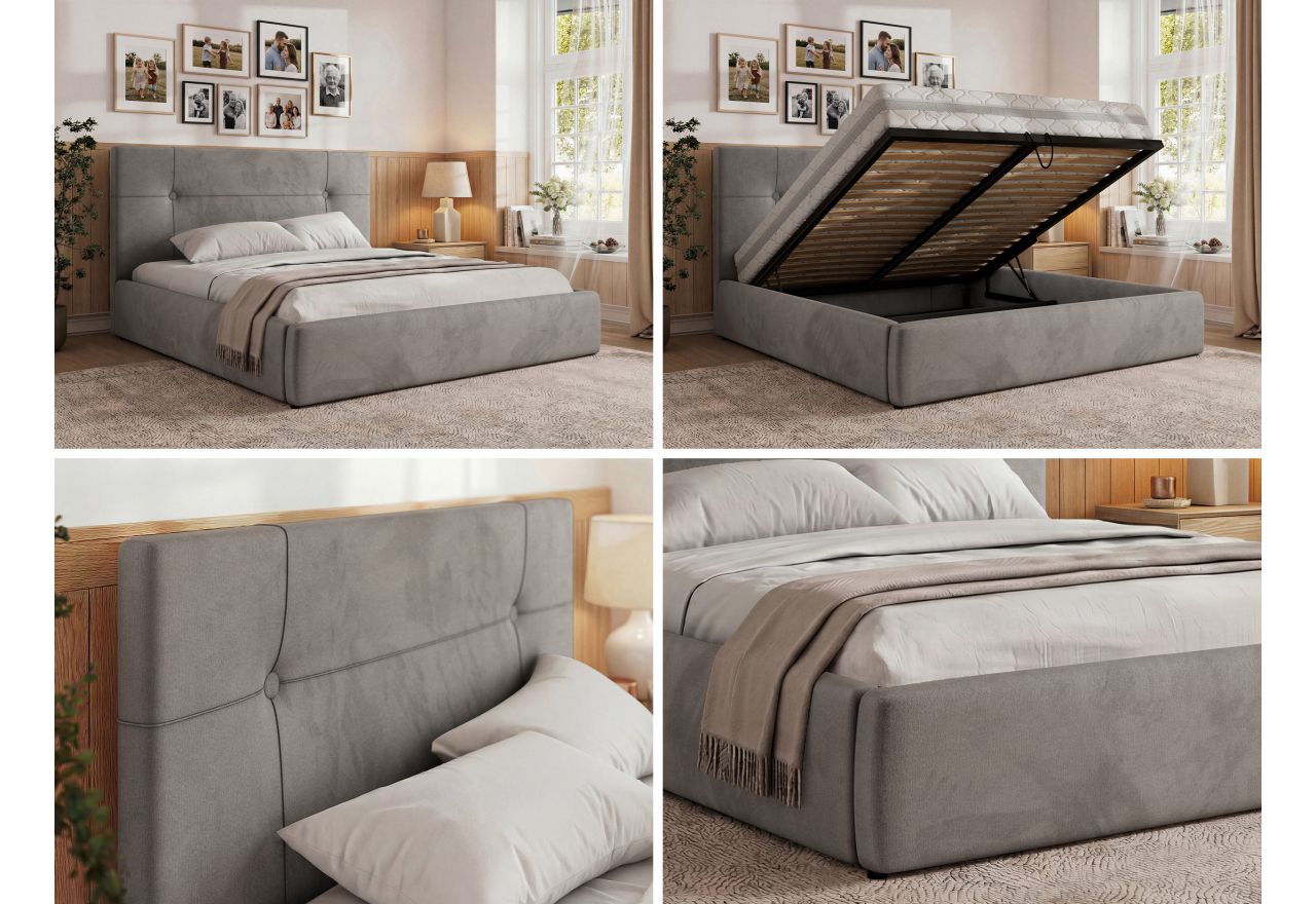 Łóżko tapicerowane CALERIO CLASSIC 180x200 - materac multipocket - jasnoszary, welwet
