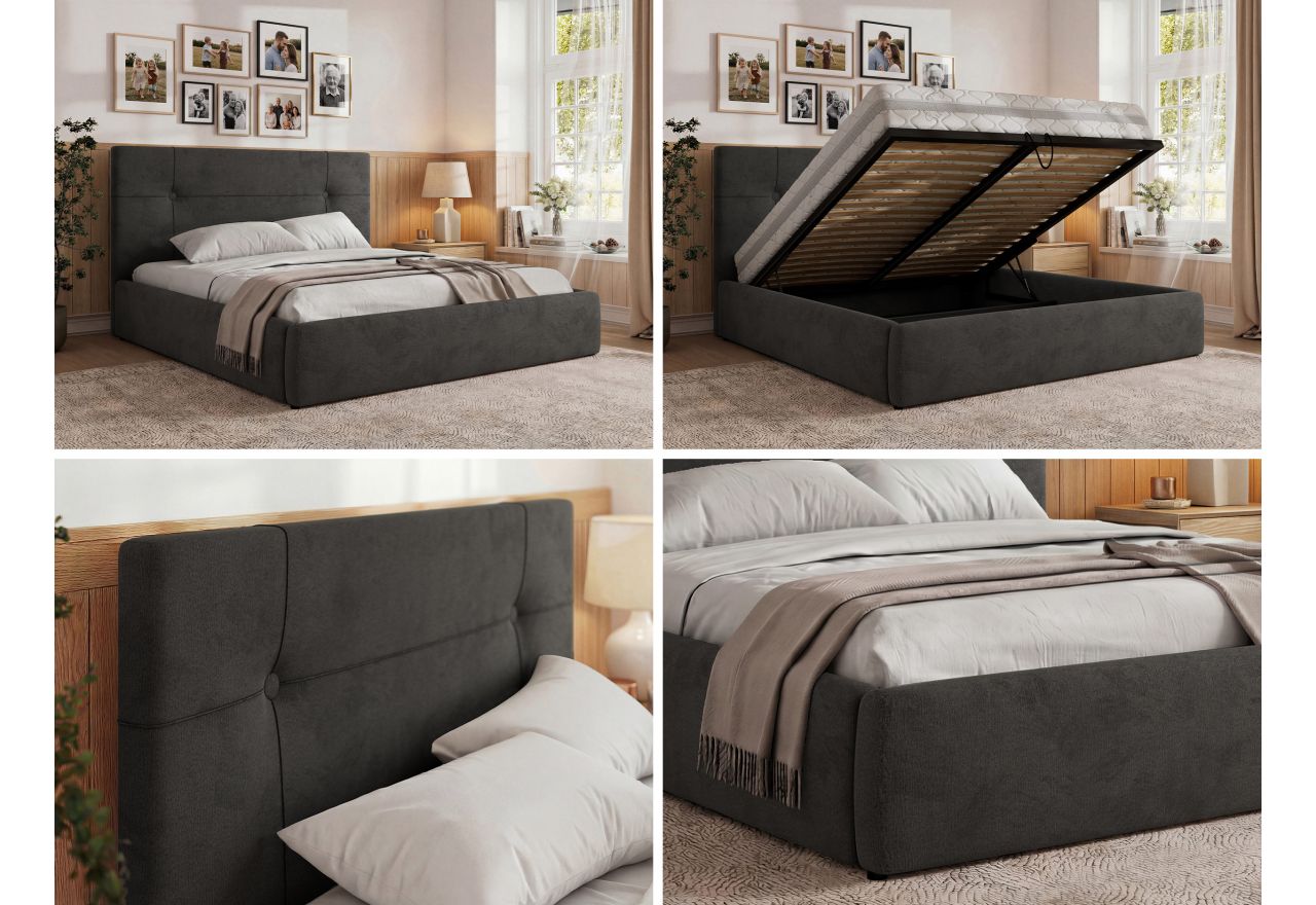 Łóżko tapicerowane CALERIO CLASSIC 200x200 - materac pocket - ciemnoszary, welwet