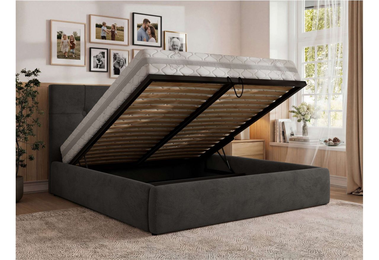 Łóżko tapicerowane CALERIO CLASSIC 200x200 - materac multipocket - ciemnoszary, welwet