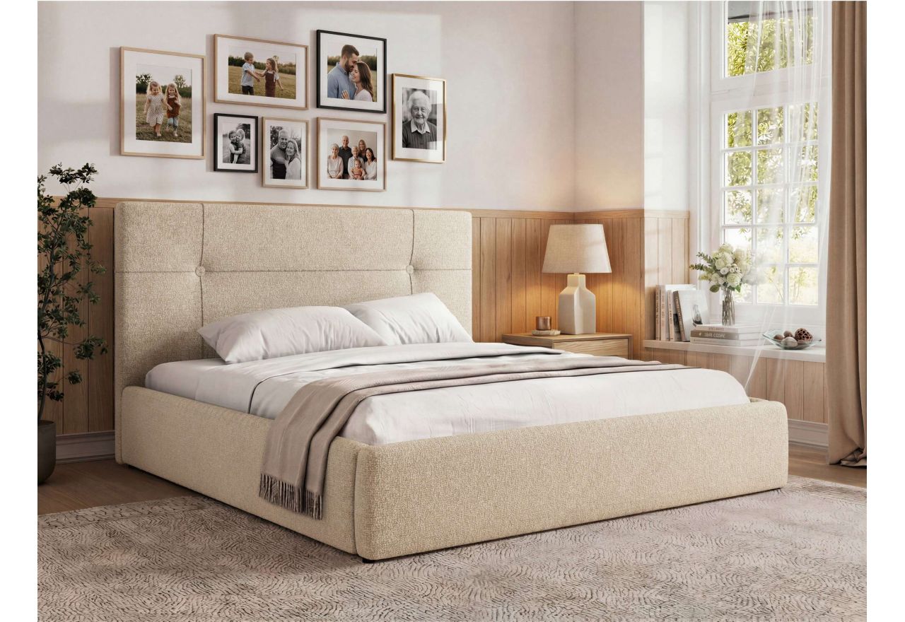 Łóżko tapicerowane CALERIO CLASSIC 140x200 - materac pocket - kremowy, struktura